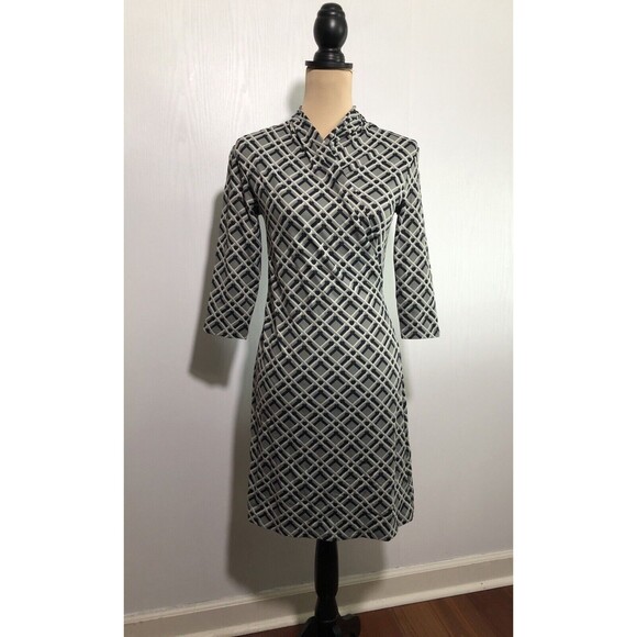 J McLaughlin Dress Womens XS Gray Black Lattice Print Catalina Cloth Faux Wrap - Picture 1 of 12